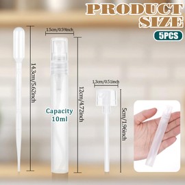 JIYIN 5 Pcs Mini Spray Bottle,10ml Mini Perfume Sample Bottles with Transfer Pipettes, Clear Refillable Perfume Bottle Plastic Portable Travel Perfume Atomizer Tiny Perfume Container(10ml)