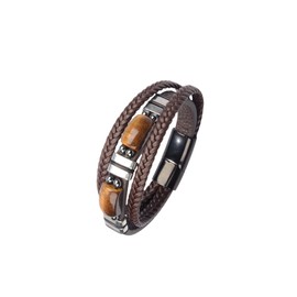 Harmi&Aur Leather Beads Bracelet Men Strong Clasp Steel Wristband Three-Row Braided Cuff Tiger-Eye Stone Bangle Gift For Men