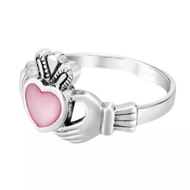 AeraVida Promise of Love Claddagh Pink Mother of Pearl Sterling Silver Ring-8
