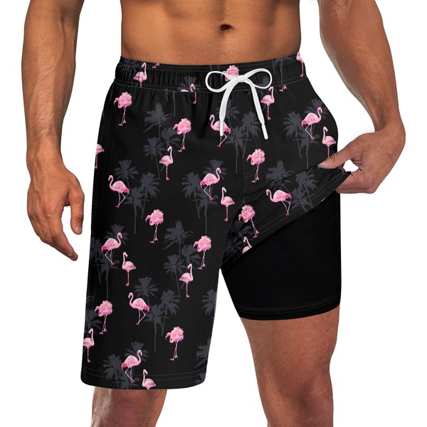 Men's Flamingo Swim Trunks with Compression Liner 9 Inch Inseam