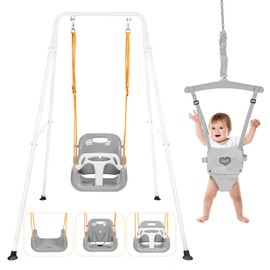 4-in-1 Swing Set & Baby Jumper and Bouncer for Toddler, Heavy Duty Baby Swing Set with Foldable Metal Stand for Indoor & Outdoor Play, Adjustable Swingset for Toddler (White)