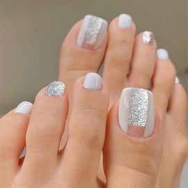 SINHOT White French Tip Press on Toenails - Silver Glitter Toenail Art Glossy Fake Toe Nails Glue on Toenails DIY Acrylic Toe Fake Nails False Toenails with Design Full Cover Press on Toe Nails 24pcs