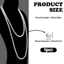 LIURFLNC Women's Pearl Necklace, Pearl Necklace, 1920s Gatsby Pearl Necklace, Women's Long Costume Accessories, 150 cm, Elegant Fashionable Artificial Necklaces, Pearl Necklace Long for Men and Women
