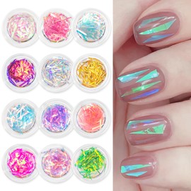 JERCLITY 12 Boxes Gradient Aurora Glass Paper Nail Sticker Foil Nail Art Holographic Colorful Glass Reflective Mirror Design Broken Glass Stripe Line Paper Nail Decals Cellophane Films Foils for Nails