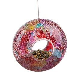 Mosaic Bird Feeder, Outdoor Fly Through Wild Hanging Bird Feeders with Mosaic Glass Design Round Bird Feeder for Garden, Yard, Backyard, Deck and Porch Decor, 9 Inch,Red