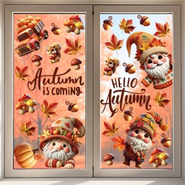 WALPLUS Thanksgiving Autumn Fall Window Clings for Glass Windows Stickers Fall Leaves Seasonal Decorations for Kids Fall Window Decor Thanksgiving Whimsical Autumn Gnomes 111 Pieces