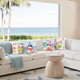 Bonhause Summer Gnomes Cushion Covers 45 x 45 cm Ice Cream Watermelon Coconut Ocean Decorative Throw Pillow Covers for Sofa Couch Bed Home Seaside Decor Set of 4