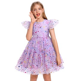 Pageant Dresses for Girls: Princess Rainbow Star Glitters Flutter Sleeve Tulle Tutu Dress Dance Performance Birthday Party Puffy Clothes Holiday Photo Shoot Dress Light Purple 4-5 Years