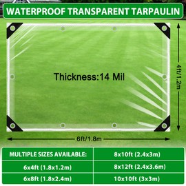 14Mil Clear Tarps Heavy Duty Waterproof, 6x4ft Plastic Clear Tarp with Grommets for Patio, Outdoor Porches, Pavilion Rain Shield, Winter Plants Greenhouse, PVC Vinyl Transparent Tarpaulin（1.8x1.2m）