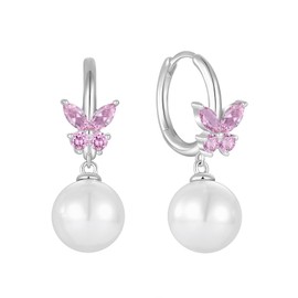 Rocayi Pearl Hoop Huggie Earrings 925 Sterling Silver Butterfly Drop Dangle Earrings October Birthstone Earrings Pink Tourmaline Jewelry for Women