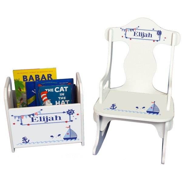 My Bambino Personalized Boys Sailboat Book Caddy and Puzzle Rocker