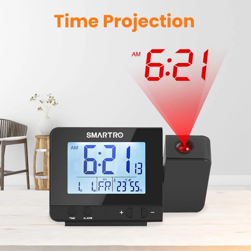 Smartro Digital Projection Alarm Clock For Bedrooms With Indoor Thermo