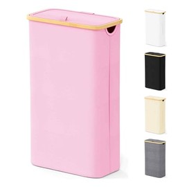 SpaceAid Slim Laundry Hamper with Lid, 65L Narrow Clothes Basket Bin with Bamboo Handles, Skinny Tall Collapsible Hamper for Bedroom, Bathroom, Dorm, Laundry Room - Pink
