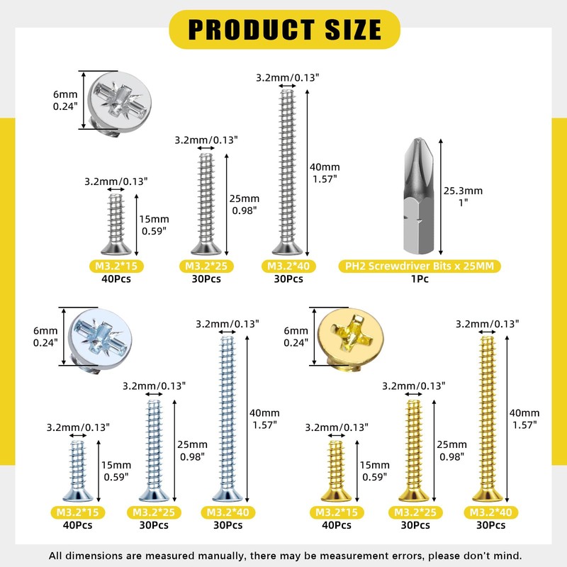 Mardatt 301Pcs M3.2 x 15/25/40mm Countersunk Flat Head Machine Screws