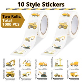 Pack of 1000 Stickers for Children & Toddlers, Car Digger Stickers, 10 Patterns Construction Site Digger Sticker Car for Boys Girls Teachers, Children's Birthday Party Favours Party