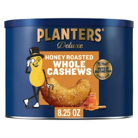 PLANTERS Deluxe Honey Roasted Cashews, Plant Based Protein, 8.25 Oz (1 Ct) | Roasted Cashews. Flavored Cashews. Snacks for Adults. Resealable Canister. Plant Based Protein Snack. Party Mix