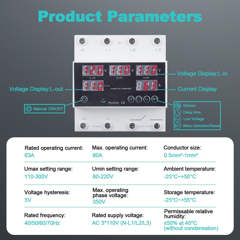 Automatic Transfer Switch, 110V 63A Auto Transfer Switch Real-time Monitoring