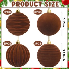 12PCS Brown Velvet Christmas Balls 3.15inch Flocked Christmas Tree Balls Ornaments Shatterproof Plastic Ball Bulbs with Flocking Textures Vintage Xmas Hanging Decor for Xmas Home Party Decorations