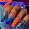 Blue Press on Nails Long Square Fake Nails Leopard Print