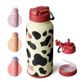 BOTTLE BOTTLE 32 oz Insulated Water Bottle Stainless Steel Sport Water Bottle with Straw Dual-use Lid Design for Gym with Pill Box (cow)