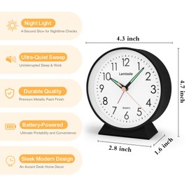 4.5 Inch Small Silent Analog Alarm Clock, Retro Battery Operated Desk Clock with Night Light Stays On 4 Seconds Vintage Metal Table Clock for Bedside, Nightstand, Bedroom, Office, Bathroom - Black