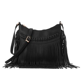 Fecialy Vintage Fringe Hobo Bags for Women PU Leather Tassel Crossbody Shoulder Bag Western Fringe Purse, black