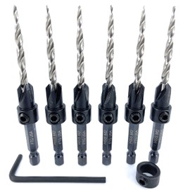 FTG USA 6 Pc #8 (11/64") Countersink Drill Bit Set with Depth Stop Collar, Hex Wrench - Tapered Drill Bits for Wood