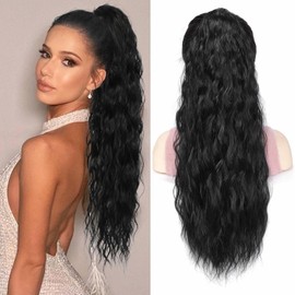Wavy Curly Ponytail Extension for Black Women Drawstring Ponytail Pony Tails Hair Extensions Ponytail 26 Inch Long Natural Black Hair Ponytail Extension Clip in Synthetic Fake Ponytail Hair Extensions