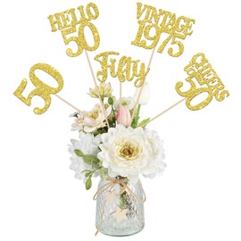 15PCS Happy 50th Birthday Centerpiece Sticks Fifty Vintage 1975 Hello 50 Table Flower Centerpieces Sticks Cheers to 50 Floral Decoration for Happy 50th Birthday Party Centerpieces Supplies Gold