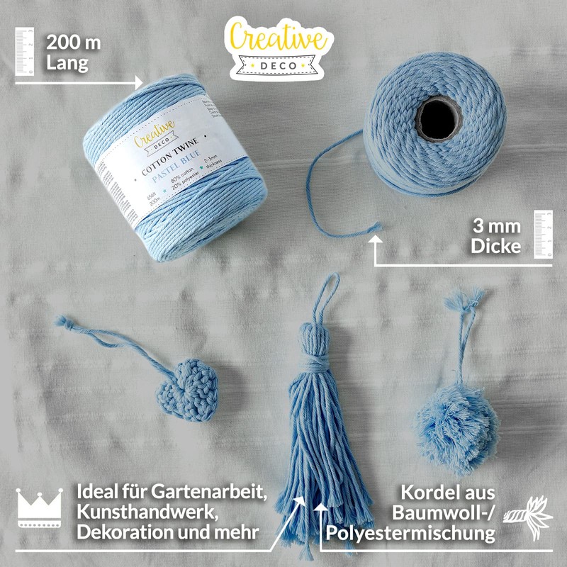 Creative Deco 200 m Pastel Blue Macrame Yarn Cotton Polyester