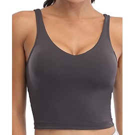 Oalka Sports Bra Womens Longline Padded Crop Tank Yoga Bras Workout Fitness Top Heart Charcoal S