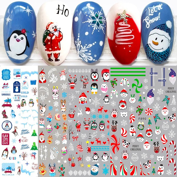 Christmas Nail Stickers - 10 Sheets Cartoon Nail Art Decals Elks Nail Decorations DIY Snowflake 3D Self-Adhesive Stickers Penguin Nail Supply for Women Girls (2572)