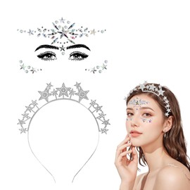 NebulaGlam NebulaGlam Sterne Haarreif mit Gesicht Edelsteine, Sterne Stirnband Strass Haarband Gesichtstattoo Karneval Fasching Geburtstag Party Kostüm Haarreifen Glitzer Haarschmuck für Damen Mädchen (Silber)