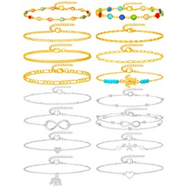 Starain 16Pcs Anklets for Women Silver Layered Star Ankle Bracelets Set Adjustable Beach Foot Anklets