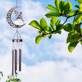 Taman - Campanilla de viento de hadas para luces solares exteriores de la luna, bola de vidrio agrietado LED decorativa, regalo conmemorativo móvil, tubos de aluminio para el hogar, al aire última