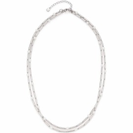 Leonardo Jewels Mirella 023336 Women's Necklace Stainless Steel Double Row Necklace with Freshwater Pearls Length 45-50 cm Jewellery Gift for Women, Stainless Steel, No Gemstone