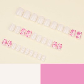 24 Pcs White Press on Nails Short Square,ZWENJIE Flower Fake Nails Press ons Nail Kit Tips with Purple Small Flowers Design Full Cover Acrylic Glossy False Nails Glue on Nails for Women Manicure