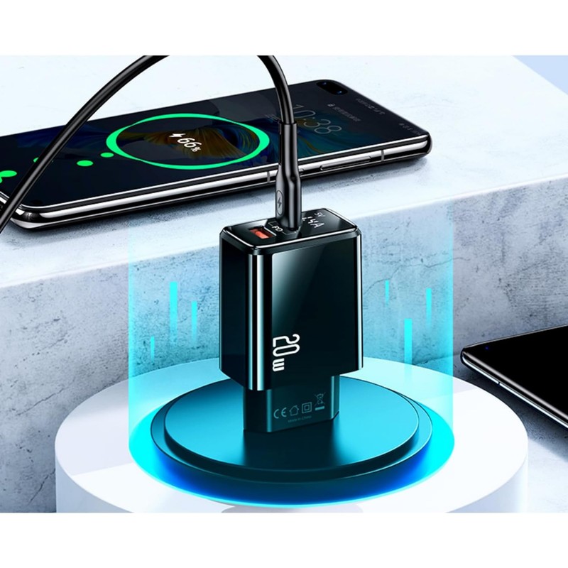 P4Y US-CC133 T40 Mains Charger 1xUSB-C+1xUSB with LED Display Quick