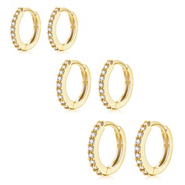 Sterling Silver Hoop Earrings for Women, 3 Pairs Small Cartilage Hoop Earrings Set | Hypoallergenic Cubic Zirconia Hoops Huggie Earring Jewellery for Men Girls, Gold Hoop