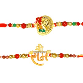 Rakhi Set of 2 Rakhi for Brother with Raksha Bandhan Greeting Card | Roli Chawal Tika - Raksha Bandhan Designer Kundan Rakhi for Brother & Bhabhi | Rakhi for Bhaiya | Rakhi Thread VRK012 (Design3)