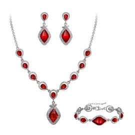 EVER FAITH Costume Party Jewelry Art Deco Crystal Marquise Teardrop Pendant Necklace Earrings Bracelet Set for Prom Red Silver-Tone