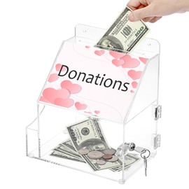 BTSKY Acrylic Suggestion Box With Lock Wall Mounted Acrylic Donation Box with 5"x7" Sign Slot, Office Ballot Boxes with Side-Pocket Collection Boxes for Voting Locking Suggestion Mailbox ,Clear