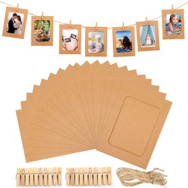 joycraft 20Pcs Paper Photo Frames, 4x6 Inch Kraft Cardboard Picture Hanging Kit with Wooden Clips and Jute Twine, DIY Clip Photo Display Holders for Home, Office, Wedding, and Party Decor（Brown）