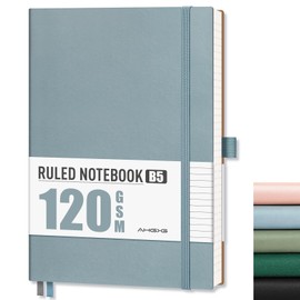 AHGXG Lined Journal Notebook for Women Men, Large B5 Notebook, 120 GSM Thick Paper, 96 Numbered Pages, Leather Softcover, College Ruled Notebook for Work, Writing, School, 7.6'' X 10'' - Gray Blue
