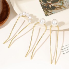 ZOONAI Pearl Hair Pins, U Shaped Hair Forks for Women Girls, Bridal Bridesmaids Shell Fork Hair Sticks Hair Accessories for Wedding Party (6Pcs)