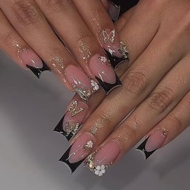 Medium Press on Nails Black French Tip Fake Nails with Rhinestone & Butterfly Designs Nude Pink Stick on Nails Glossy Reusable False Nails Flower Glue on Nails for Women 24Pcs