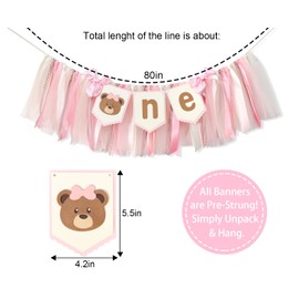 Bear Pink Ribbon One Highchair Banner - Girls 1st Birthday Party Decorations,Teddy Bear First Birthday High Chair Banner, One Woodland Camping Party Banner, Princess Bear 1st Birthday Photo Prop