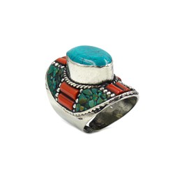 Adjustable Ring Size Unique Designer Fashion Gypsy Boho Statement Ring for Women Oxidised Silver Plated Turquoise and Coral Gemstone Rings Fashion Jewellery Gifts for Her, Gemstone Non-precious metal