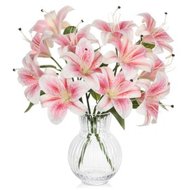 Hollyone 6 Heads Pink Artifical Lily Flowers 2Pcs Faux Stargazer Lilies Flowers Bush Arrangement Bouquets Fake Lily Stem for Indoor Home Decor Table Office Party Wedding Decoration