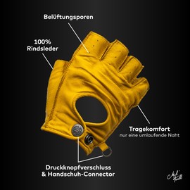 Mycl Turell Easy Rider Half Fingers Leather Motorcycle Gloves Men's Genuine Leather Gloves Men's Motorcycle Gloves Without Fingers Fingerless (Yellow, 3XL)